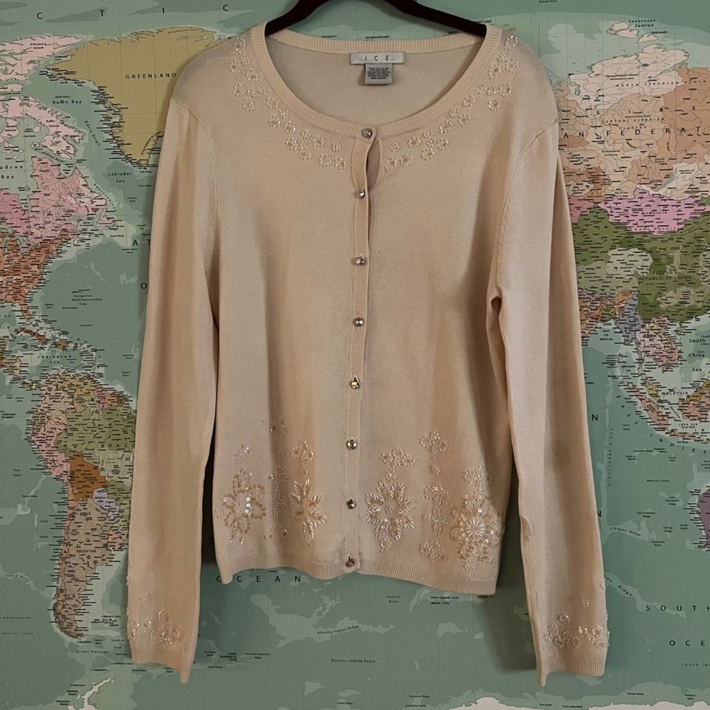 I.C.E Cream Beaded Cardigan with Rhinestone Buttons - Size Medium